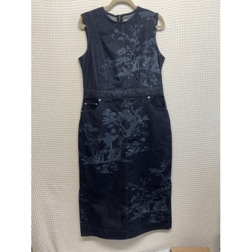 NWT Erdem Laser Printed Tree Motif Denim Midi‎ Pencil Dress Women 16 Portugal